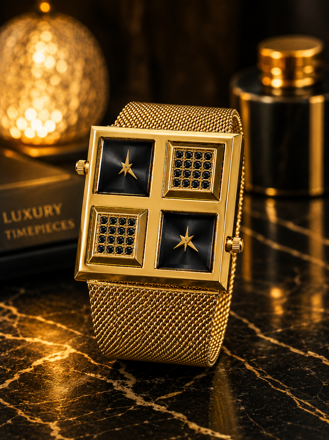 with WESTERN Unisex Rectangular Dual Time Watch Mesh Band – Luxury Square Analogue Watch for Men & Women with Sparkling Crystal Accents, Dual Movement & Adjustable Steel Strap