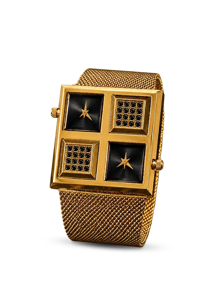 with WESTERN Unisex Rectangular Dual Time Watch Mesh Band – Luxury Square Analogue Watch for Men & Women with Sparkling Crystal Accents, Dual Movement & Adjustable Steel Strap
