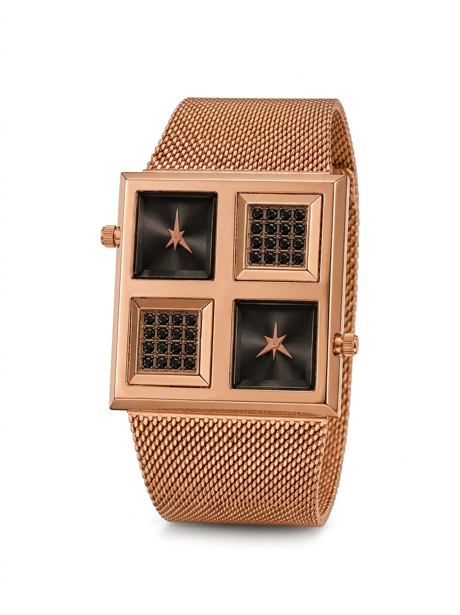 with WESTERN Unisex Rectangular Dual Time Watch Mesh Band – Luxury Square Analogue Watch for Men & Women with Sparkling Crystal Accents, Dual Movement & Adjustable Steel Strap