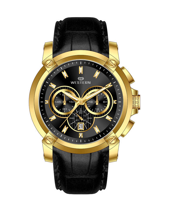 Western Black Dial Chronograph Watch – Gold Plated Premium Strap Watch(W8769GGP010C)