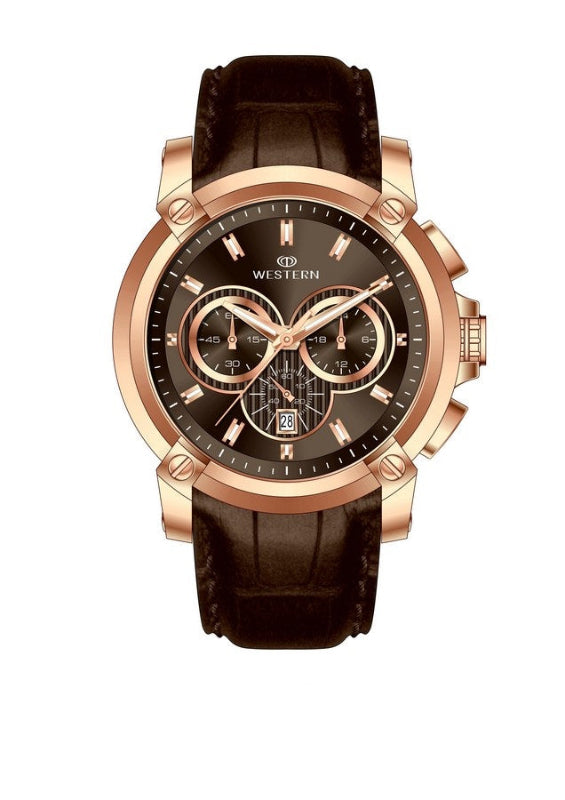 Luxury watch with brown leather strap and rose gold casing on a white background