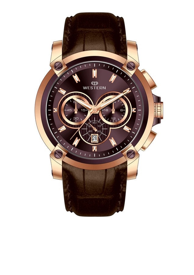 Western Men's Chronograph Watch with Genuine Leather Strap – Versatile & Durable