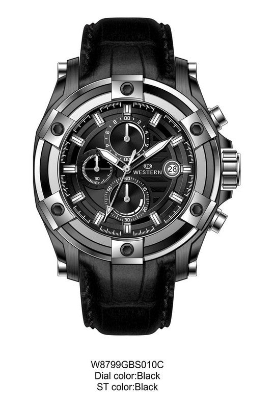 Leather Strap Chronograph Watch with Black Strap & Silver Dial – Precision & Style