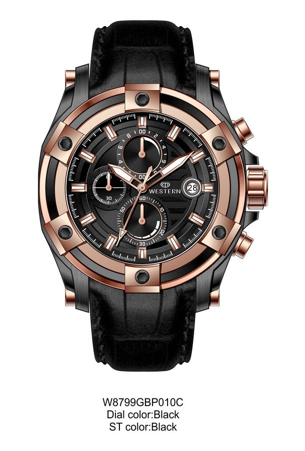 Western Men's Chronograph Watch – Genuine Leather Strap, Butterfly Clasp, 5 ATM Water Resistant | Premium Analog Wristwatch for Men