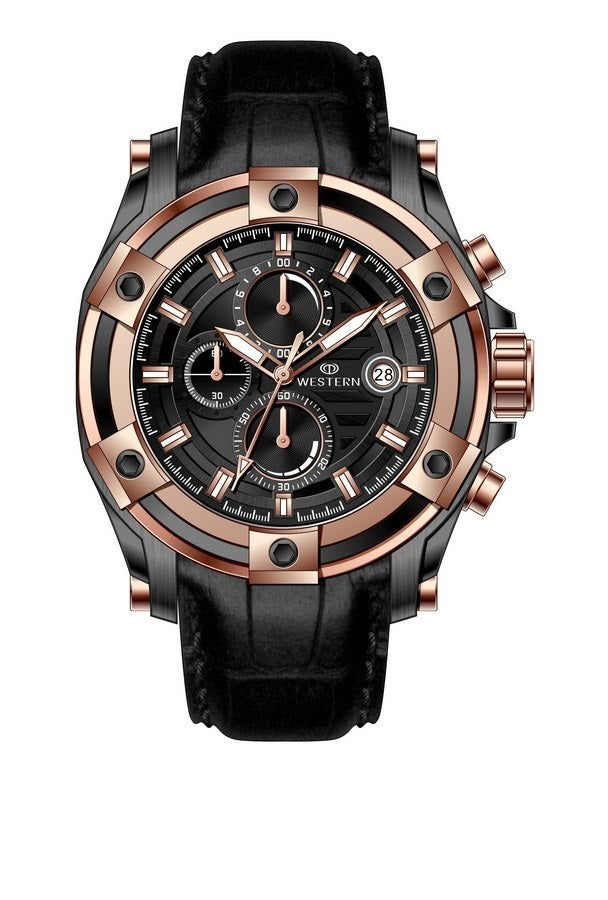 Western Men's Chronograph Watch – Genuine Leather Strap, Butterfly Clasp, 5 ATM Water Resistant | Premium Analog Wristwatch for Men