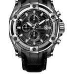 Men’s leather strap chronograph watch with  black &silver detailing