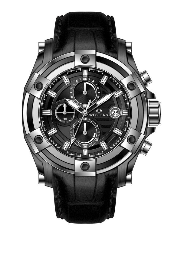 Western Men's Chronograph Watch – Genuine Leather Strap, Butterfly Clasp, 5 ATM Water Resistant | Premium Analog Wristwatch for Men