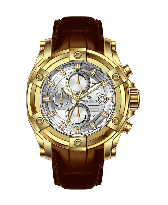 Western Men's Chronograph Watch – Genuine Leather Strap, Butterfly Clasp, 5 ATM Water Resistant | Premium Analog Wristwatch for Men