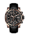 Leather chronograph watch featuring black and rose gold plating