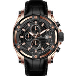 Leather chronograph watch featuring black and rose gold plating