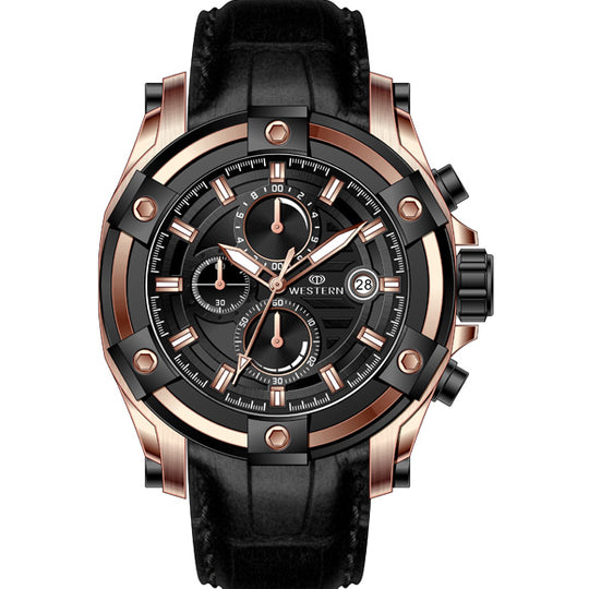 Leather chronograph watch featuring black and rose gold plating