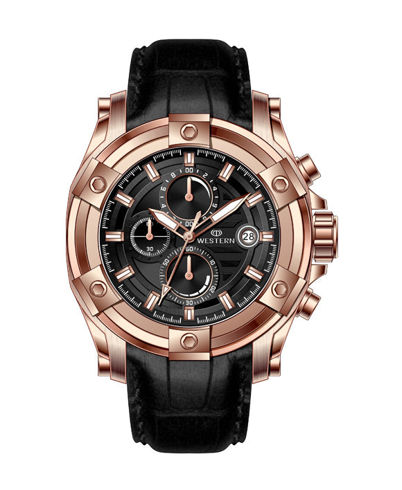 Western Men's Chronograph Watch – Genuine Leather Strap, Butterfly Clasp, 5 ATM Water Resistant | Premium Analog Wristwatch for Men