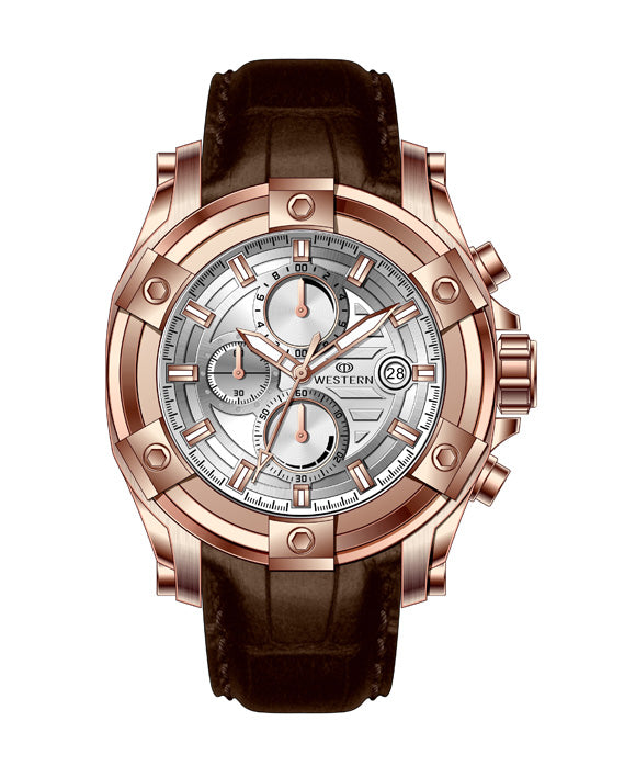Western Men's Chronograph Watch – Genuine Leather Strap, Butterfly Clasp, 5 ATM Water Resistant | Premium Analog Wristwatch for Men