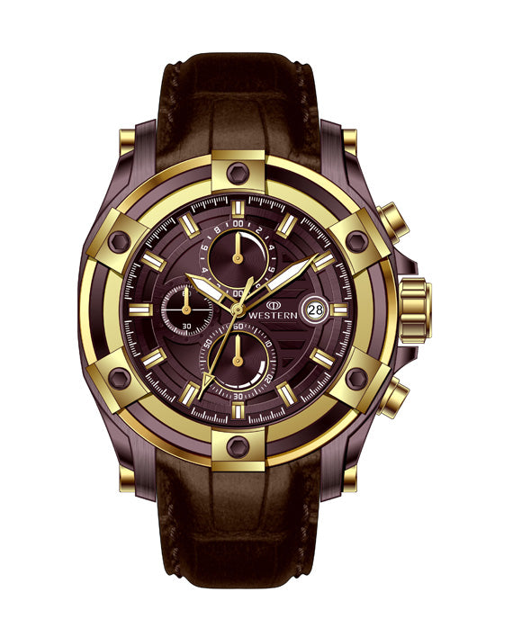Western Men's Chronograph Watch – Genuine Leather Strap, Butterfly Clasp, 5 ATM Water Resistant | Premium Analog Wristwatch for Men