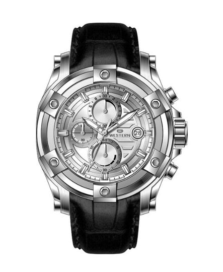 Leather Strap Chronograph Watch with Black Strap & Silver Dial – Precision & Style