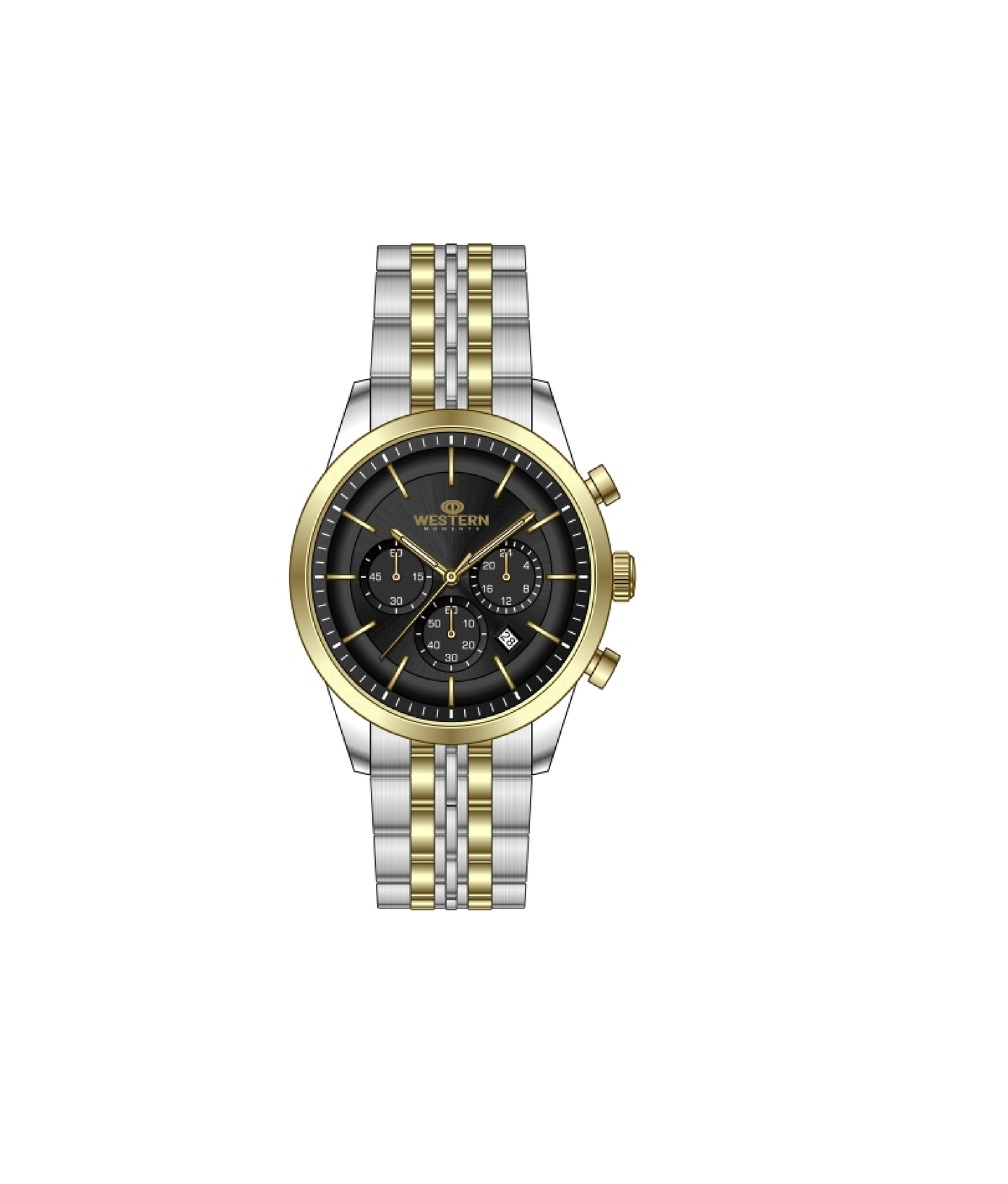 Western Luxury Chronograph Watch, Gold &Silver Band, Black Dial, Men's Wristwatch with Date Display