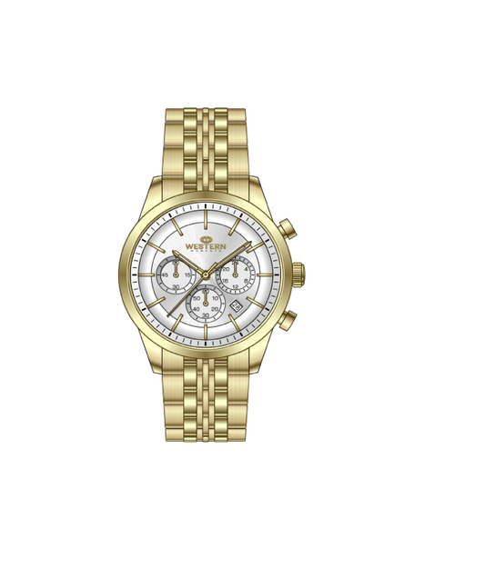 Western Luxury Chronograph Watch, Stainless Steel Band, White Dial, Men's Wristwatch with Date Display