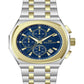 Wristwatch with blue face and gold accents on a white background