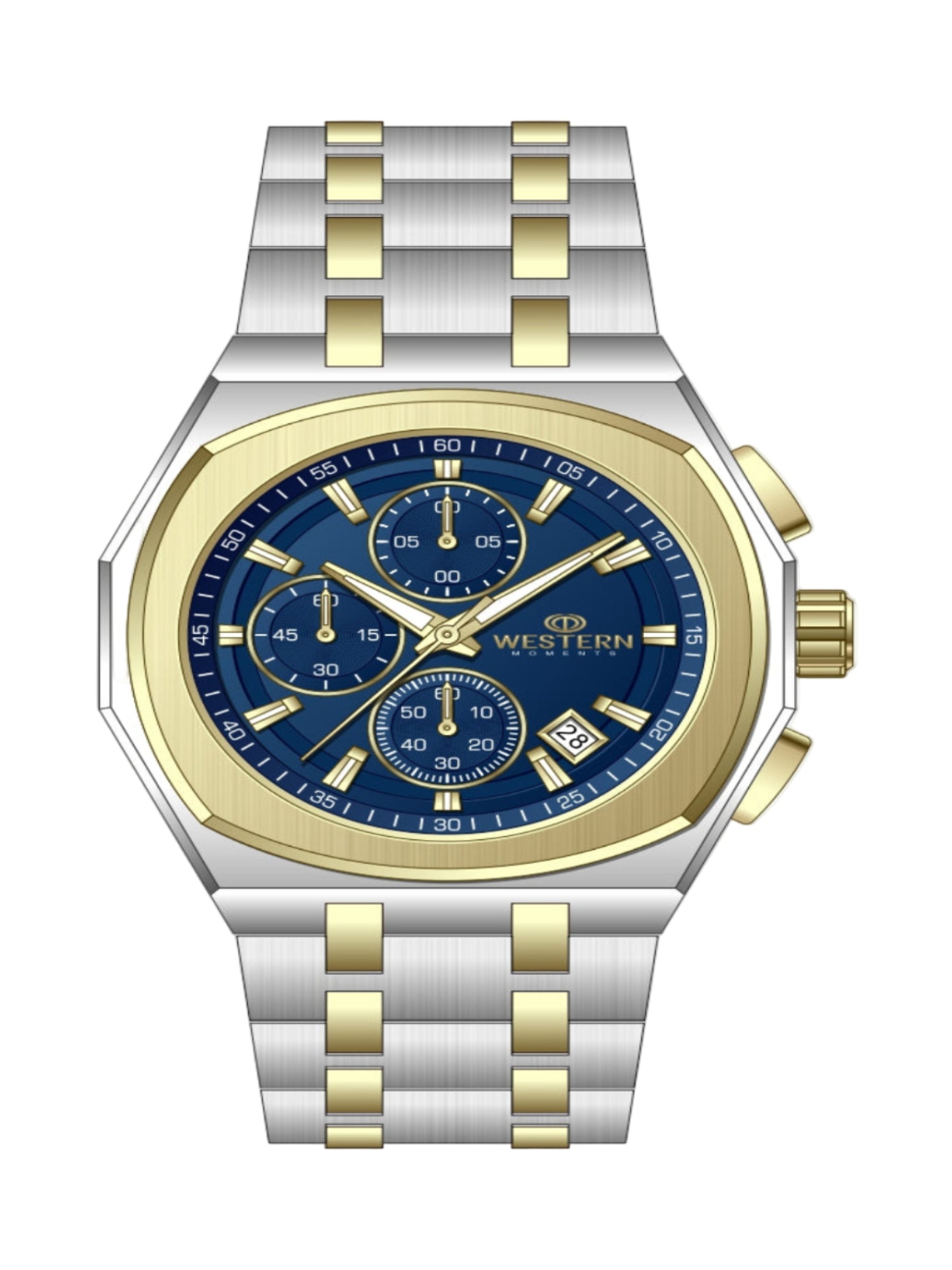 Wristwatch with blue face and gold accents on a white background