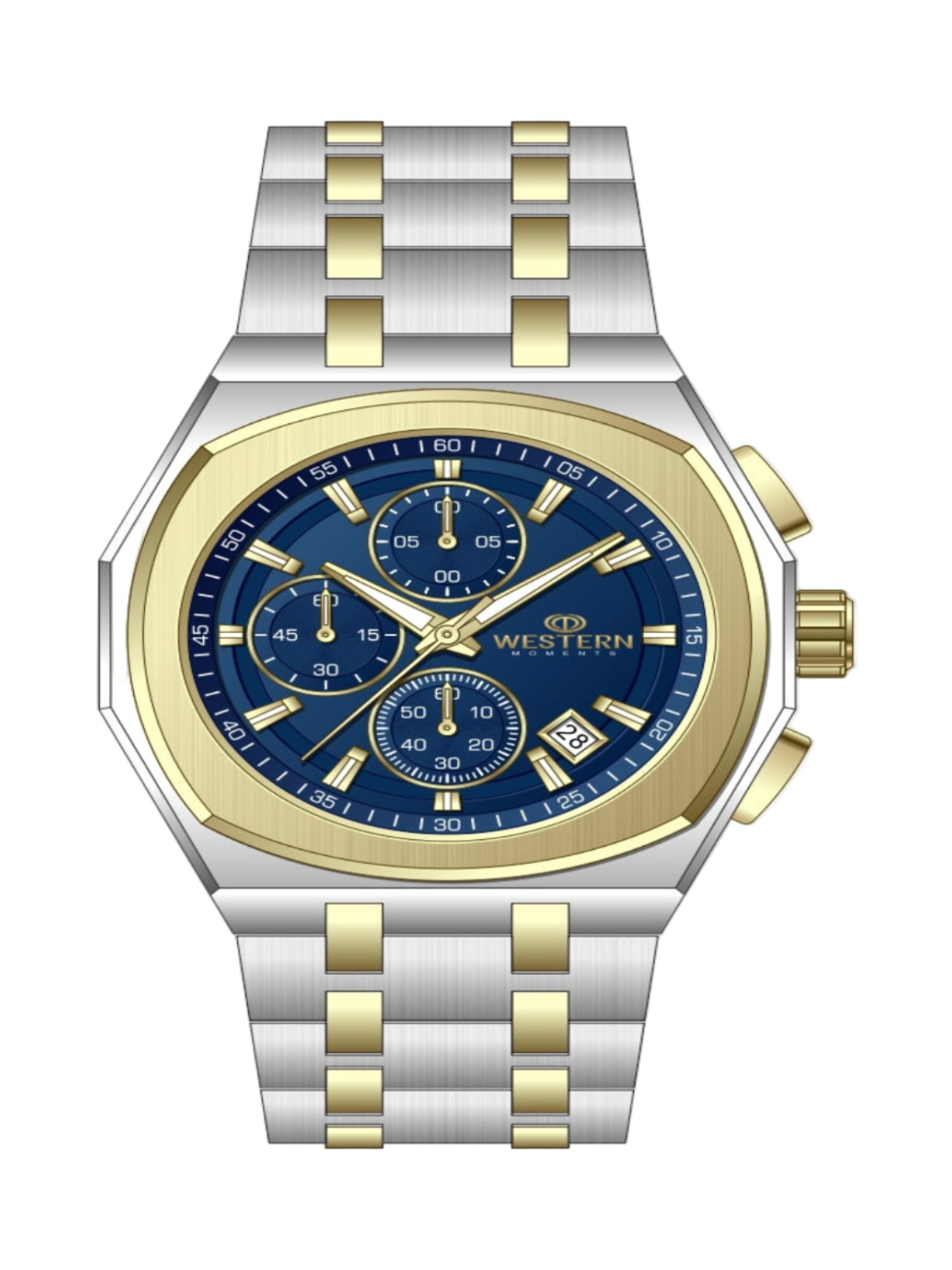 Wristwatch with blue face and gold accents on a white background
