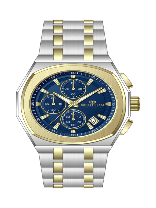 Wristwatch with blue face and gold accents on a white background
