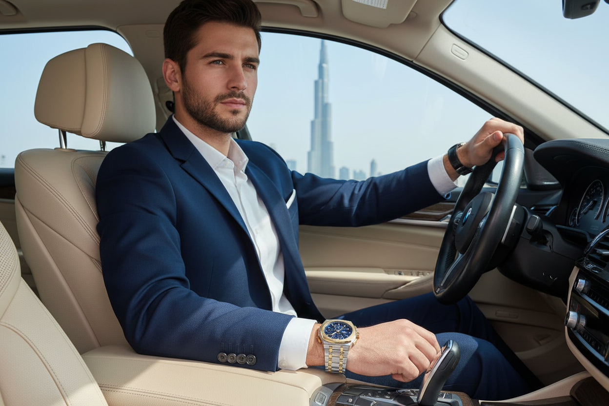 Two-tone silver and gold watch with a blue face on a white background