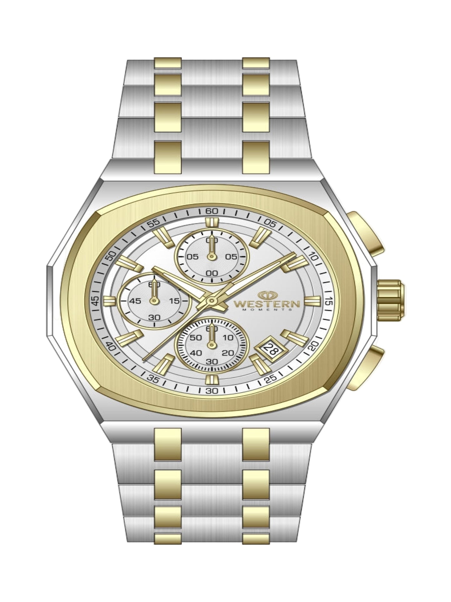 Two-tone silver and gold watch with a detailed face on a white background