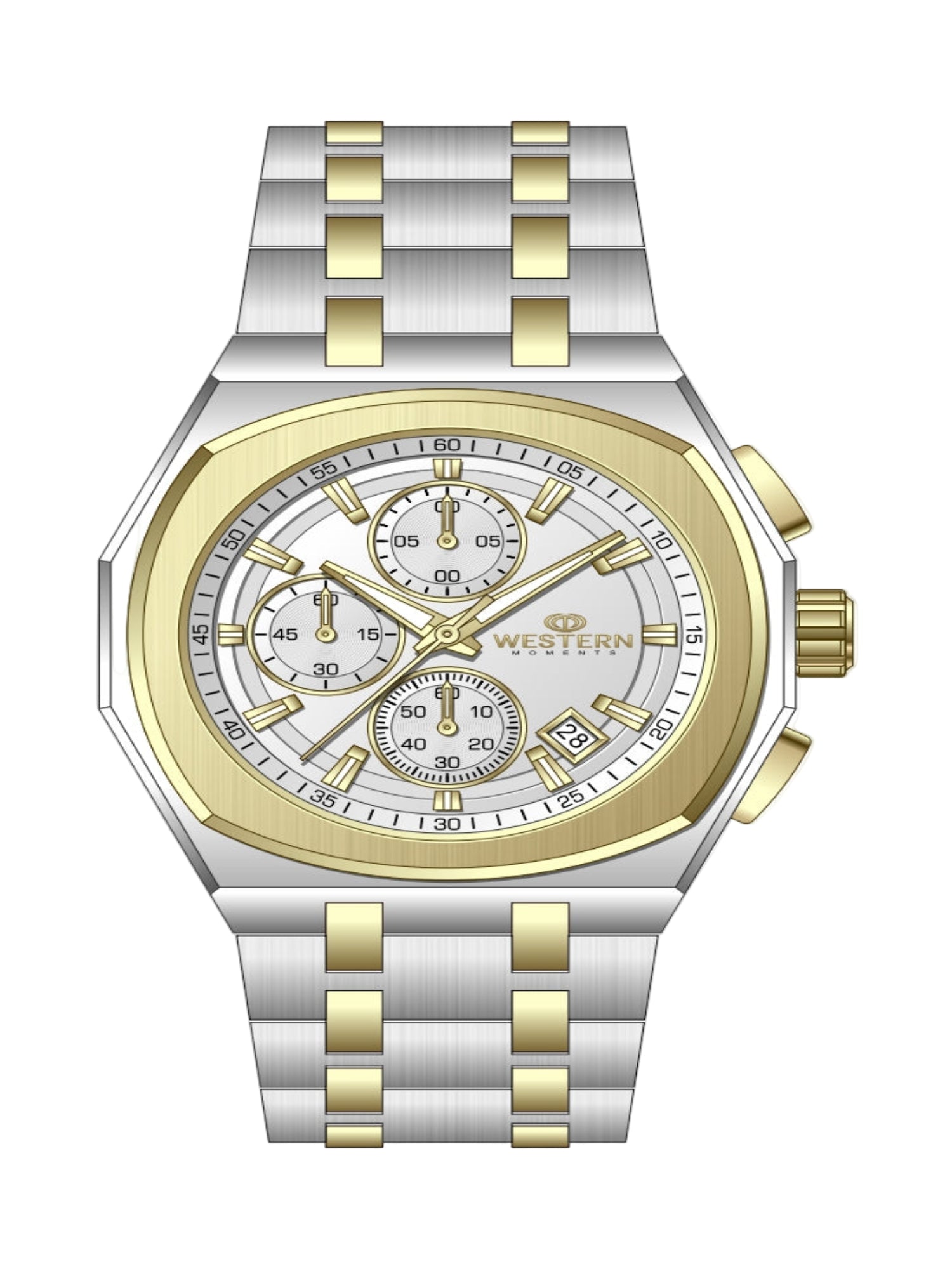 Two-tone silver and gold watch with a detailed face on a white background