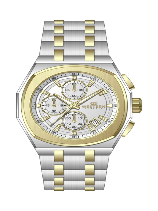Two-tone silver and gold watch with a detailed face on a white background