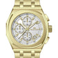 Gold wristwatch with a detailed face on a white background