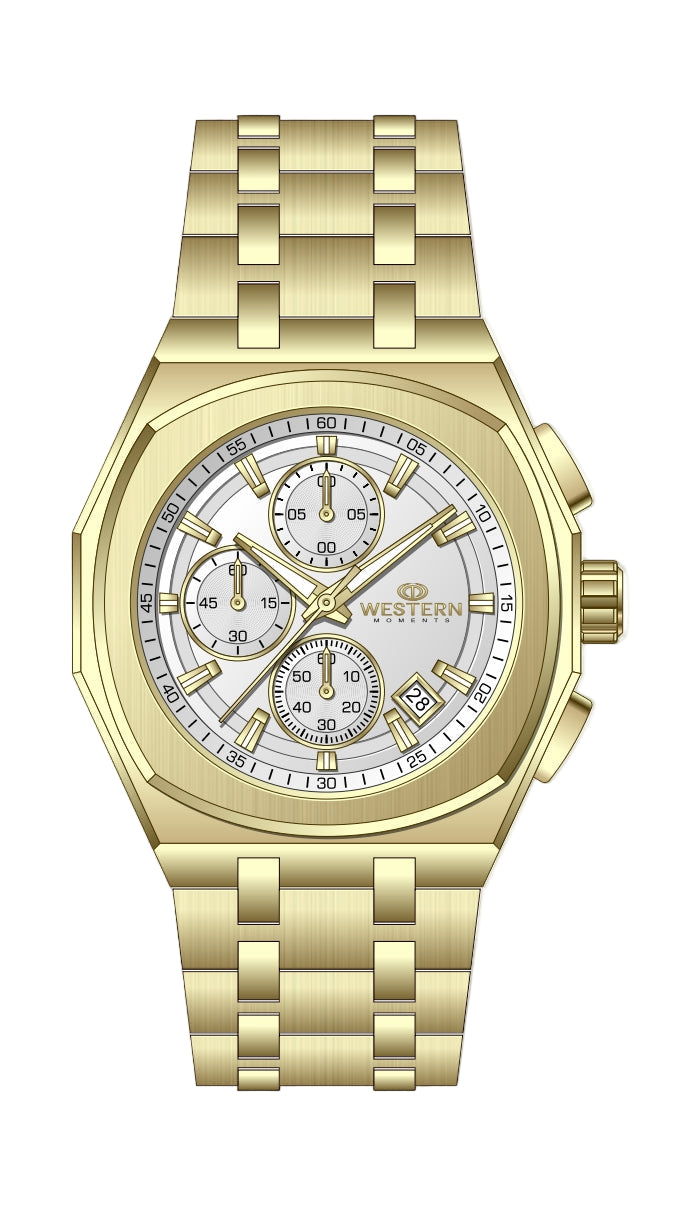 Gold wristwatch with a detailed face on a white background