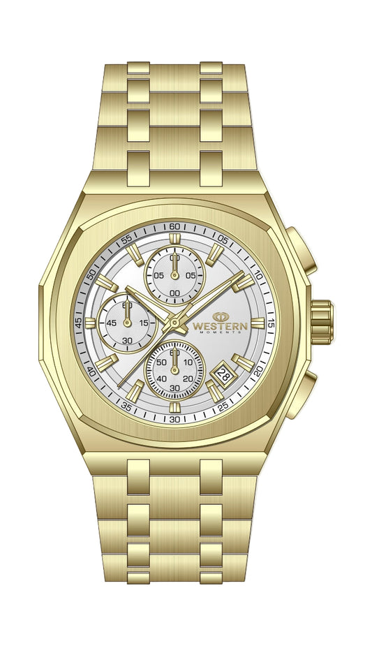 Gold wristwatch with a detailed face on a white background