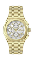Gold wristwatch with a detailed face on a white background