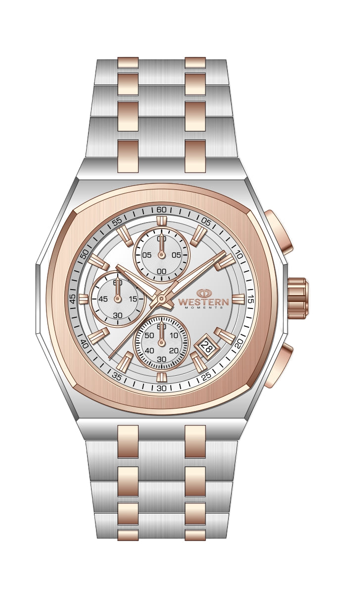 Luxury watch with silver and rose gold band on a white background
