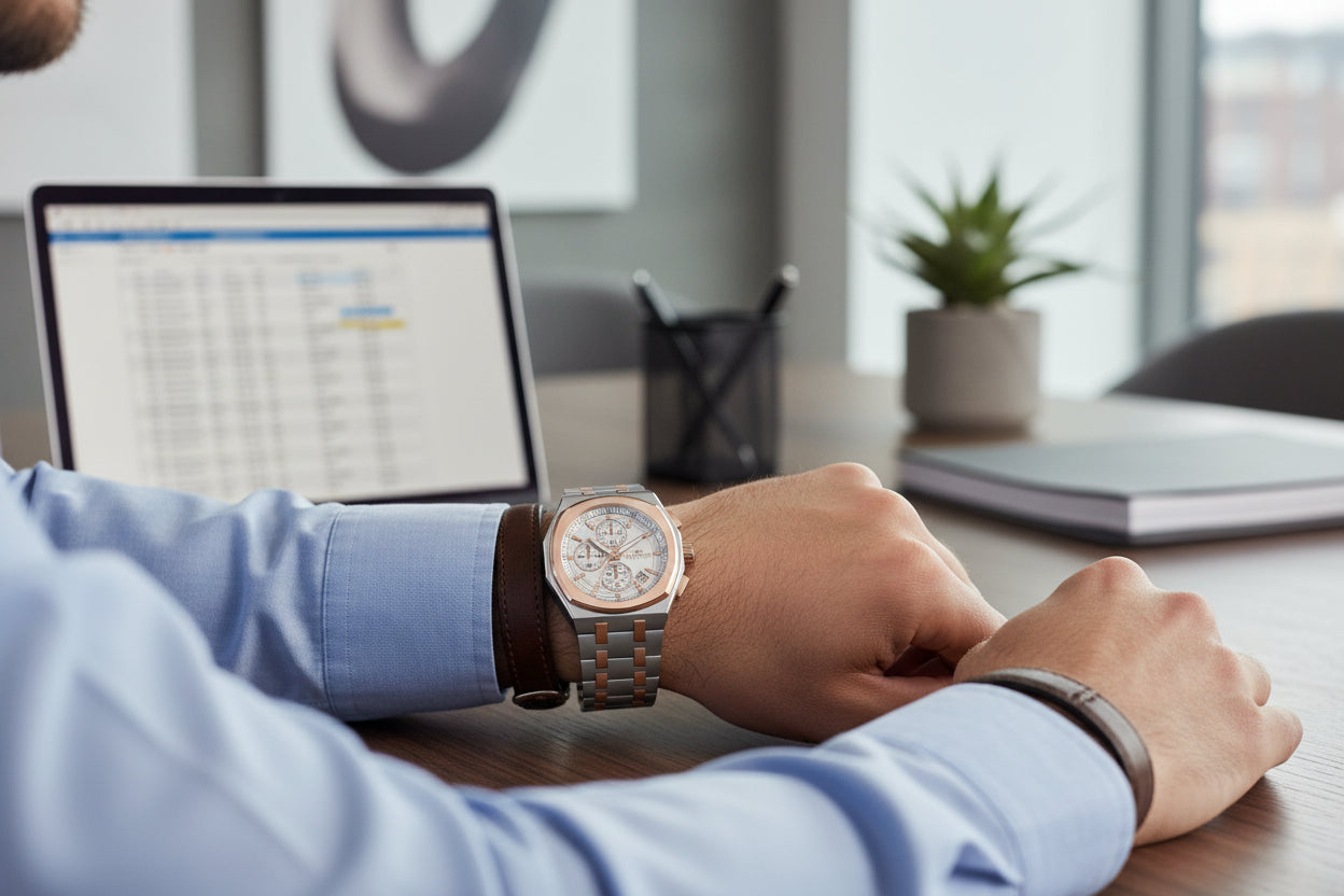 Luxury watch with silver and rose gold band on a white background
