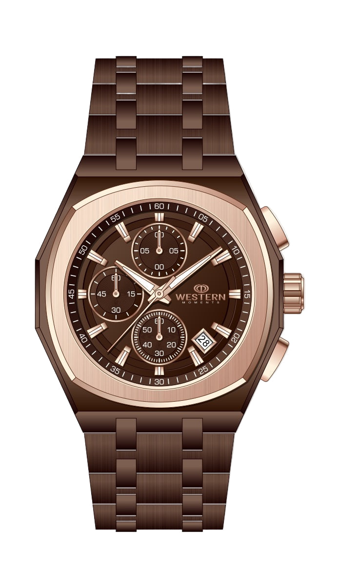 Brown wristwatch with detailed face on a white background