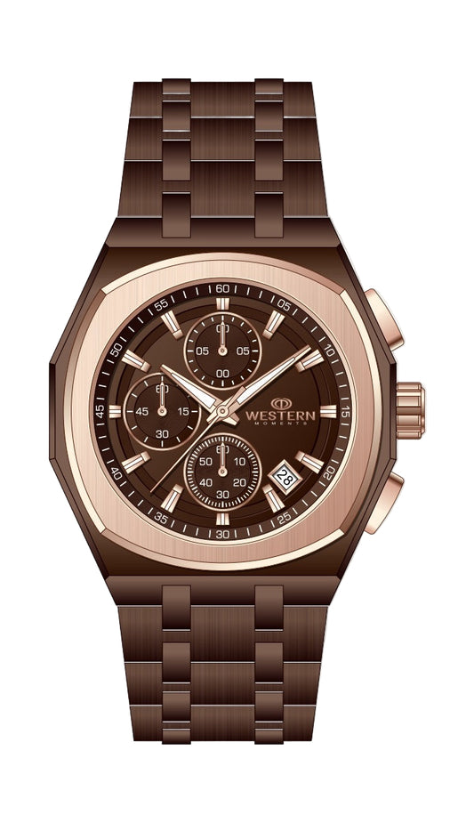 Brown wristwatch with detailed face on a white background