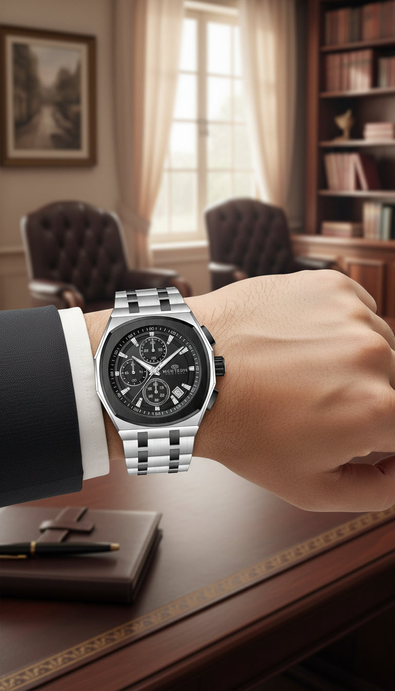 Silver watch with black face on a white background