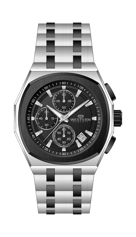 Silver watch with black face on a white background