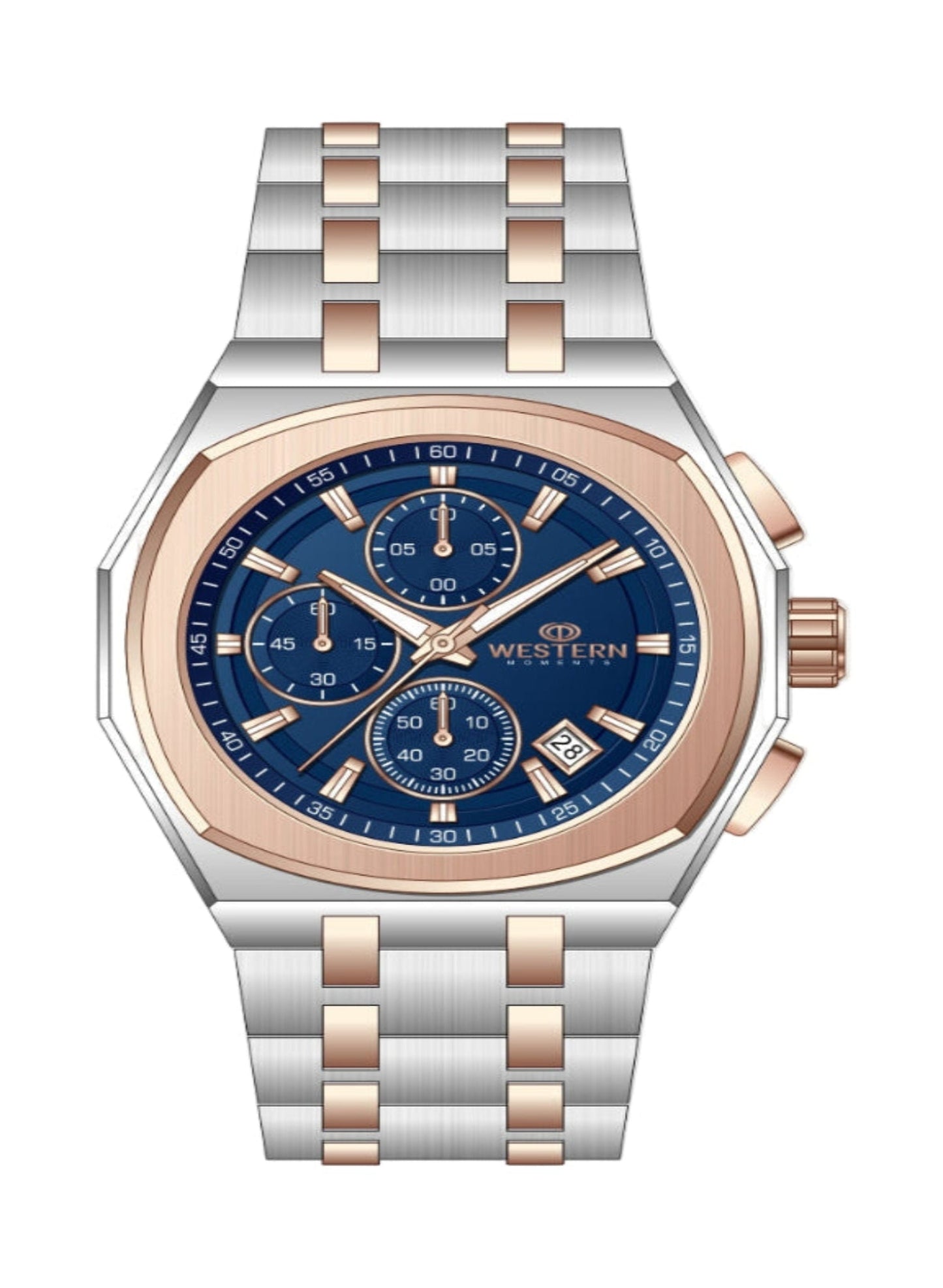 Luxury watch with blue dial and rose gold accents on a white background