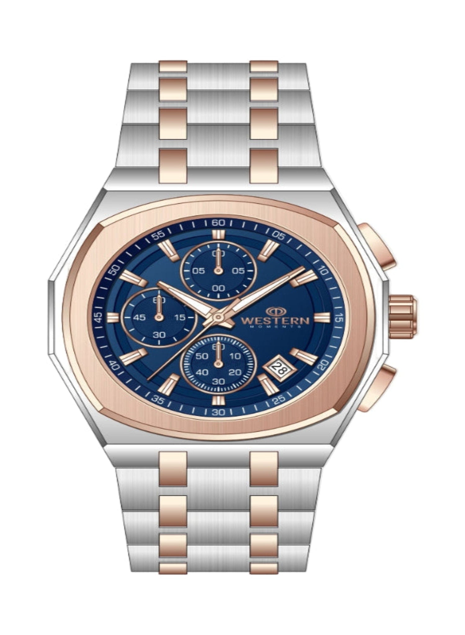 Luxury watch with blue dial and rose gold accents on a white background