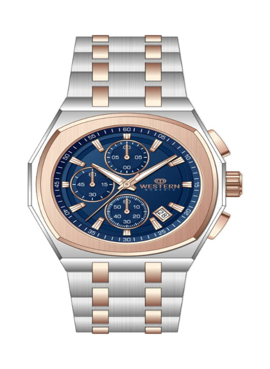 Luxury watch with blue dial and rose gold accents on a white background