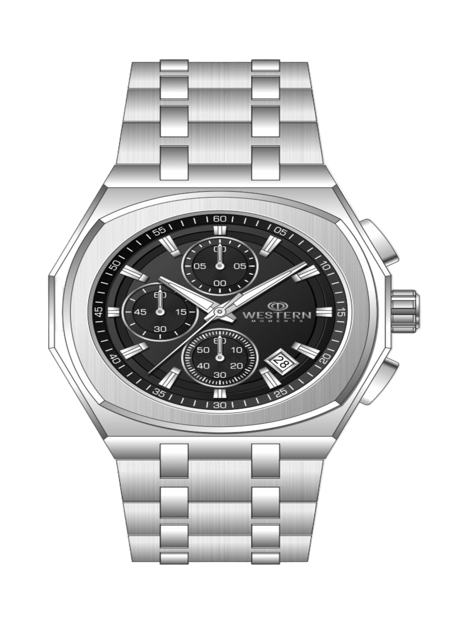 Silver wristwatch with a black dial on a white background