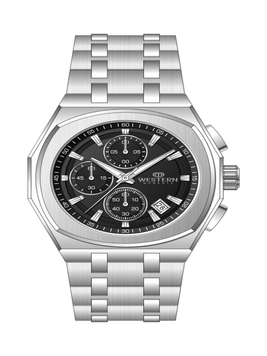 Silver wristwatch with a black dial on a white background
