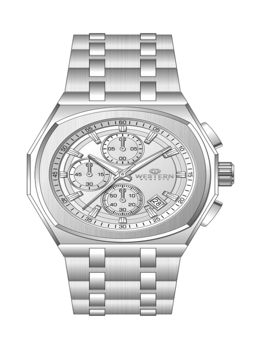 Silver wristwatch with detailed face on a white background