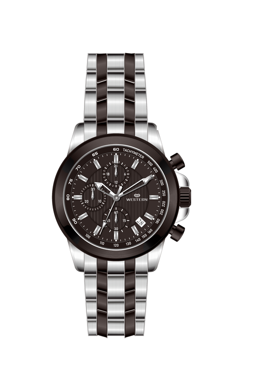 Wristwatch with a black face and silver band on a white background