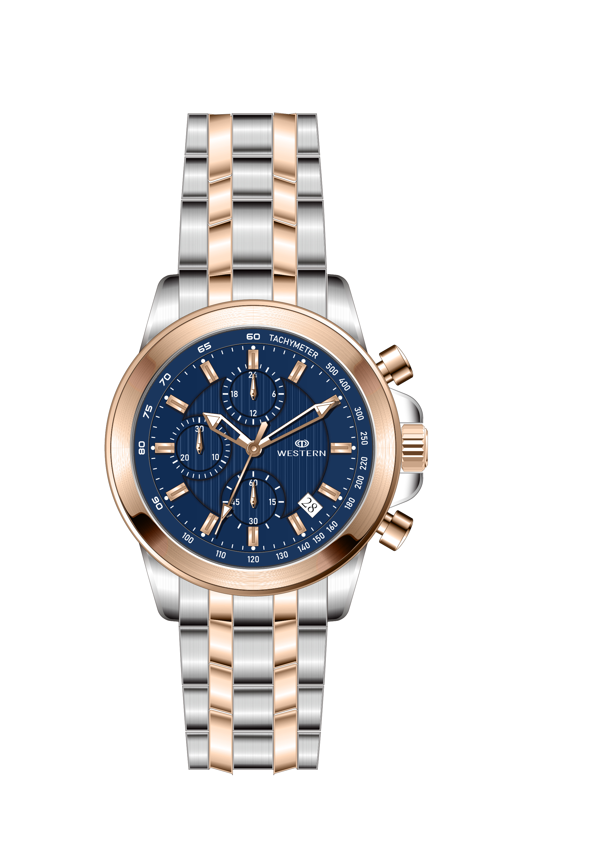 Western Chronograph Watch for Men –Rose Silver, Blue Dial, Water Resistant
