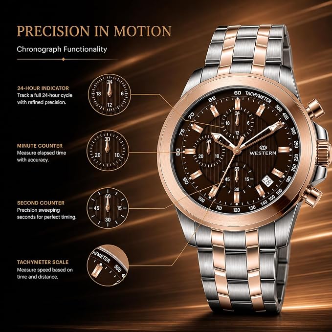 Western Chronograph Watch for Men – Rose-Silver, Luxury Design, Water Resistant