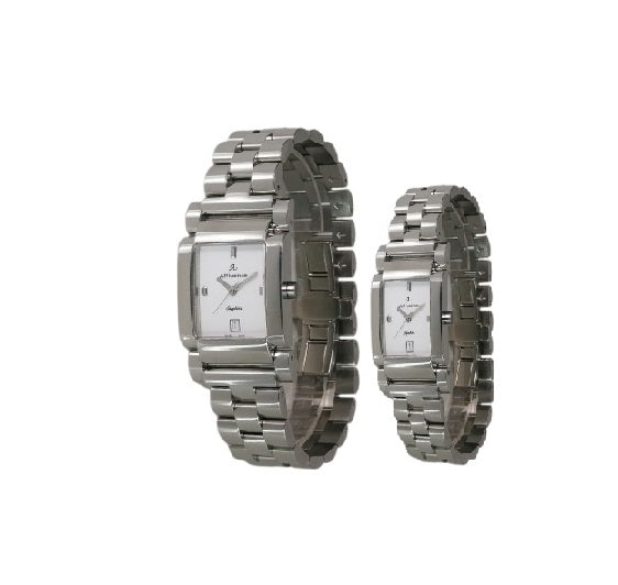 Two silver watches with metal bands on a white background
