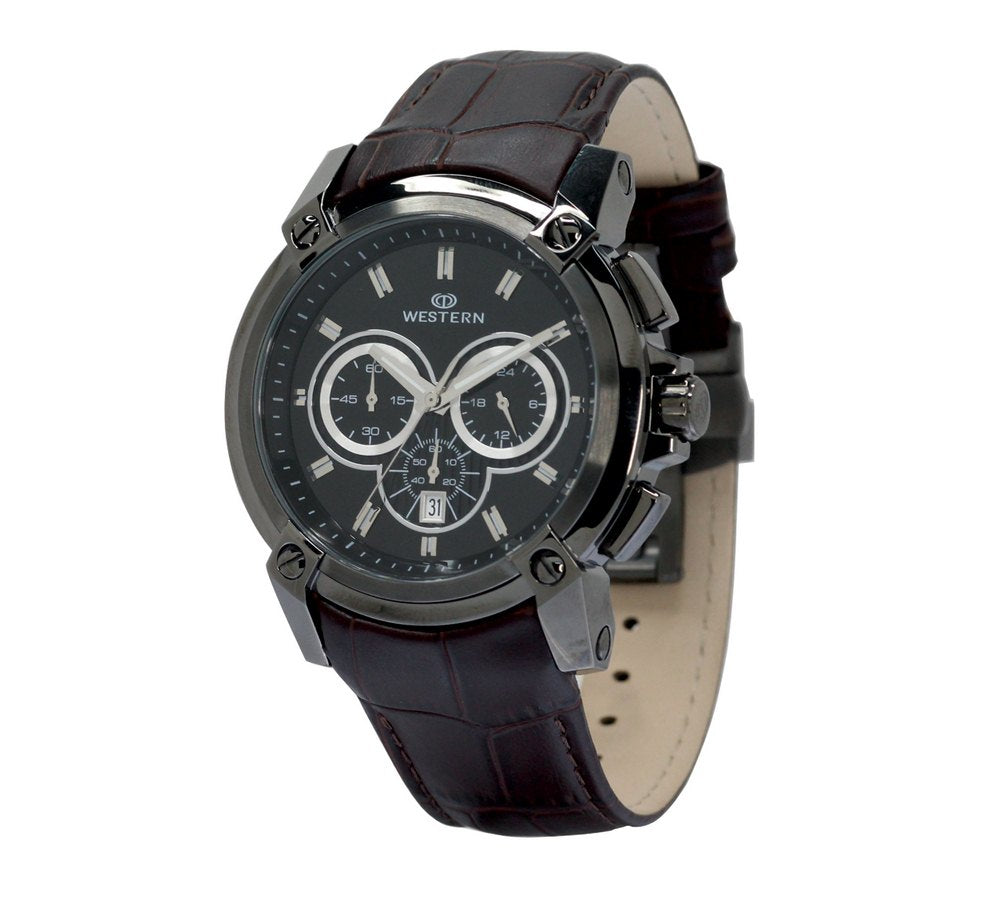 Western Men's Chronograph Watch with Genuine Leather Strap – Versatile & Durable